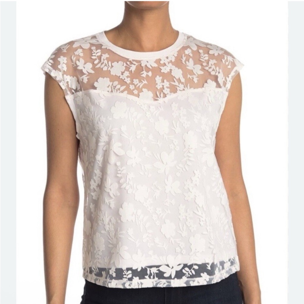 Laundry by Shelli Segal White Lace Floral Sheer Cap Sleeve Shirt XL